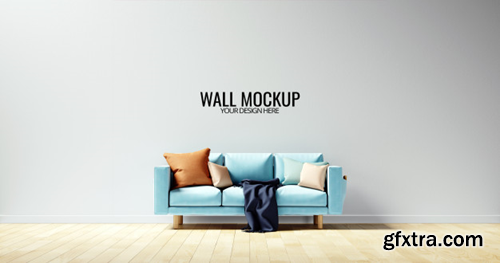 Minimalist interior wall mockup with blue sofa Premium Psd