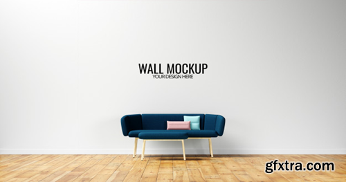 Minimalist interior wall mockup with blue navy sofa Premium Psd