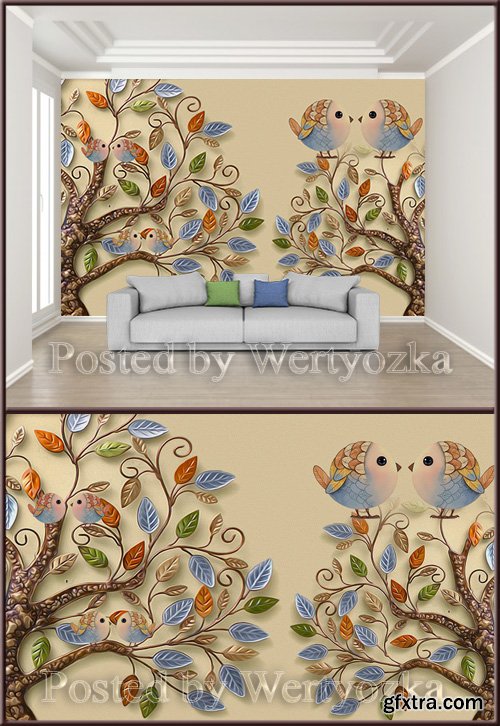 3D psd background wall beautiful leaves embossed bird