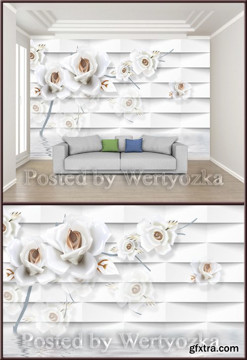 3D psd background wall white minimalist embossed rose