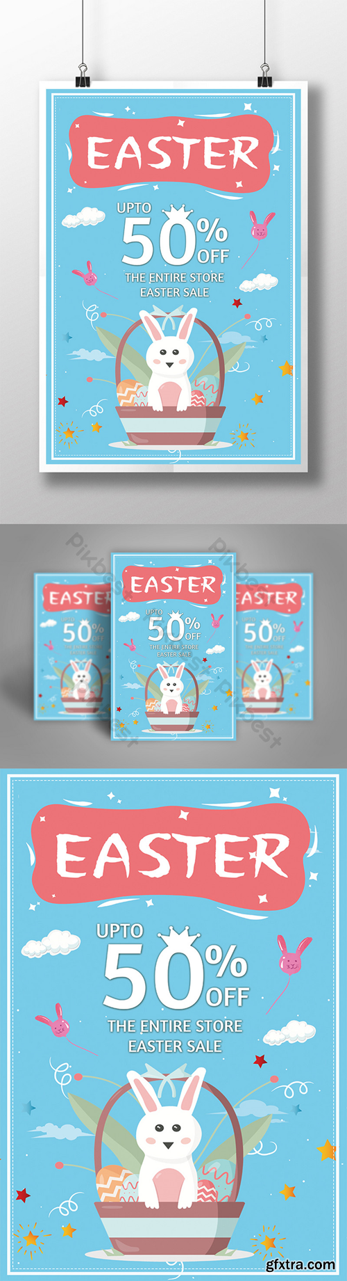 Fashion posters with blue Easter eggs on sale Template PSD