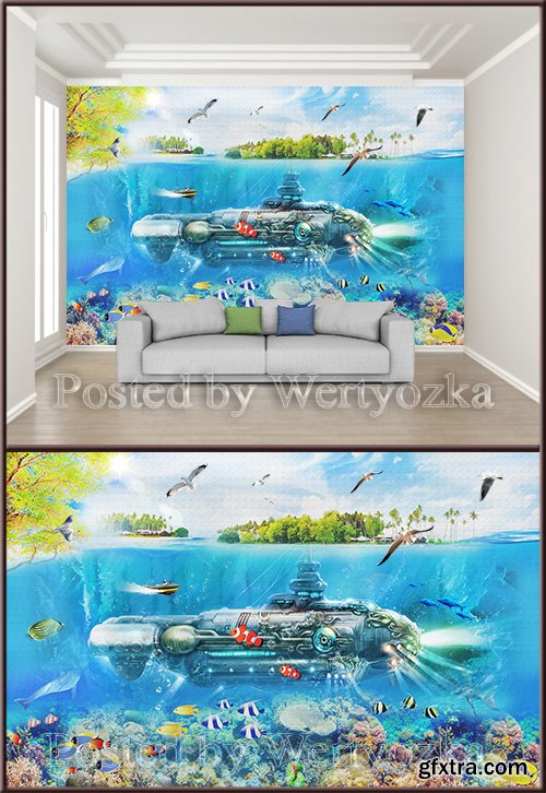 3D psd background wall nordic minimalist underwater world submarine