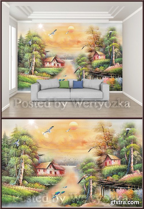 3D psd background wall minimalist rural pastoral living room