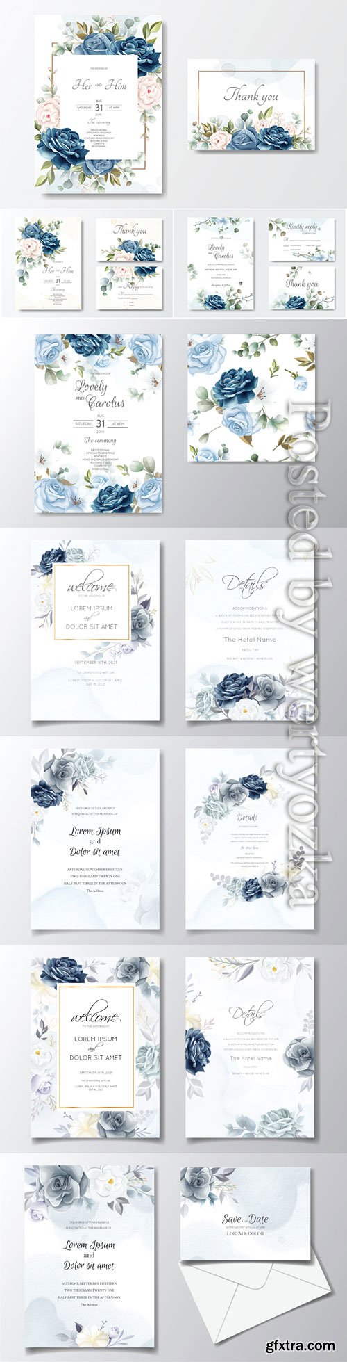 Navy blue floral wedding invitation card template with golden leaves and watercolor frame