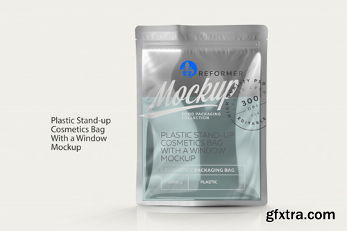 Plastic stand-up cosmetics bag with a window mockup Premium Psd
