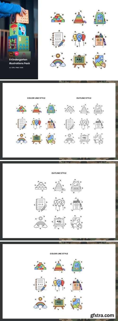 Stock Vector - 9 Kindergarten Illustrations Pack