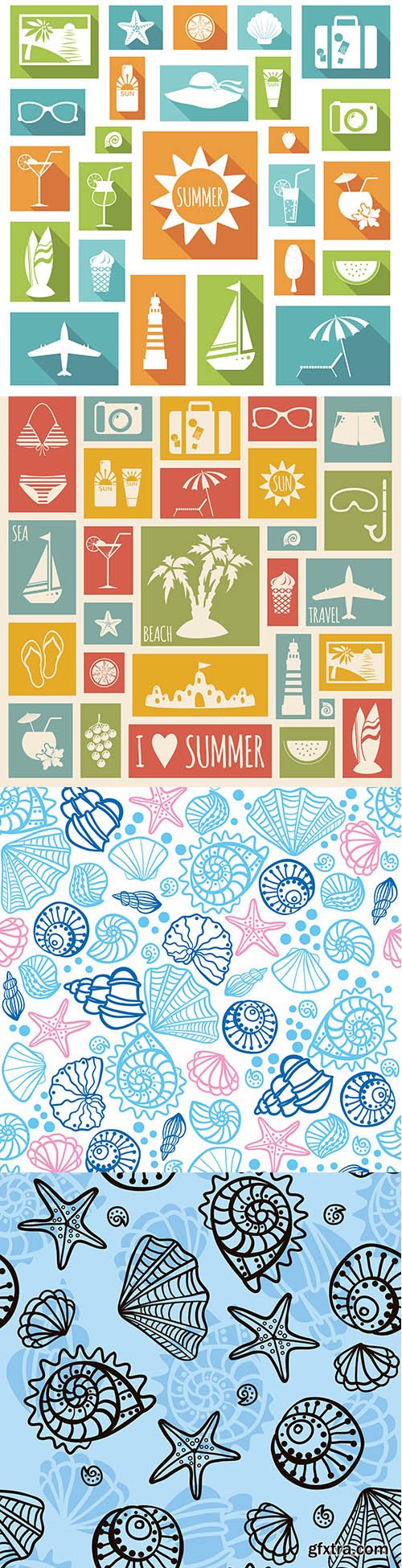 Summer Holiday Flat Elements and Seamless Pattern with Seashells