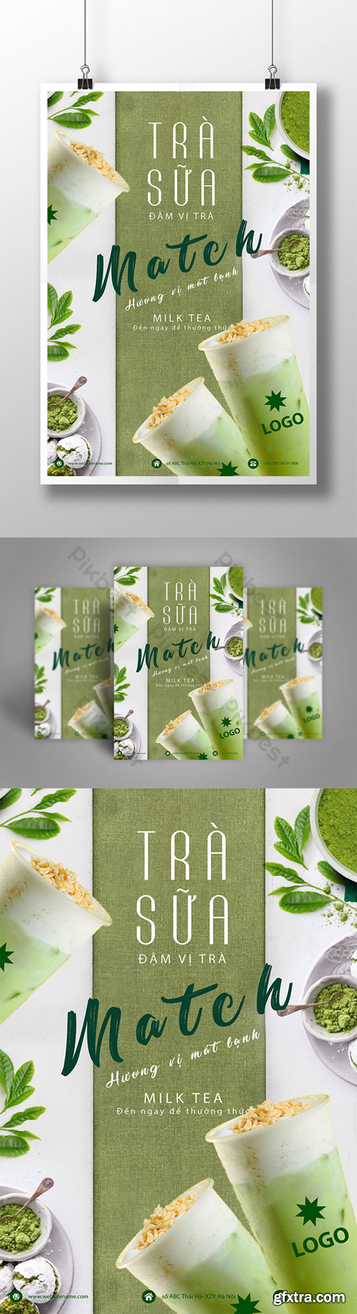Poster tea milk drinks for summer cool matcha flavor Template AI