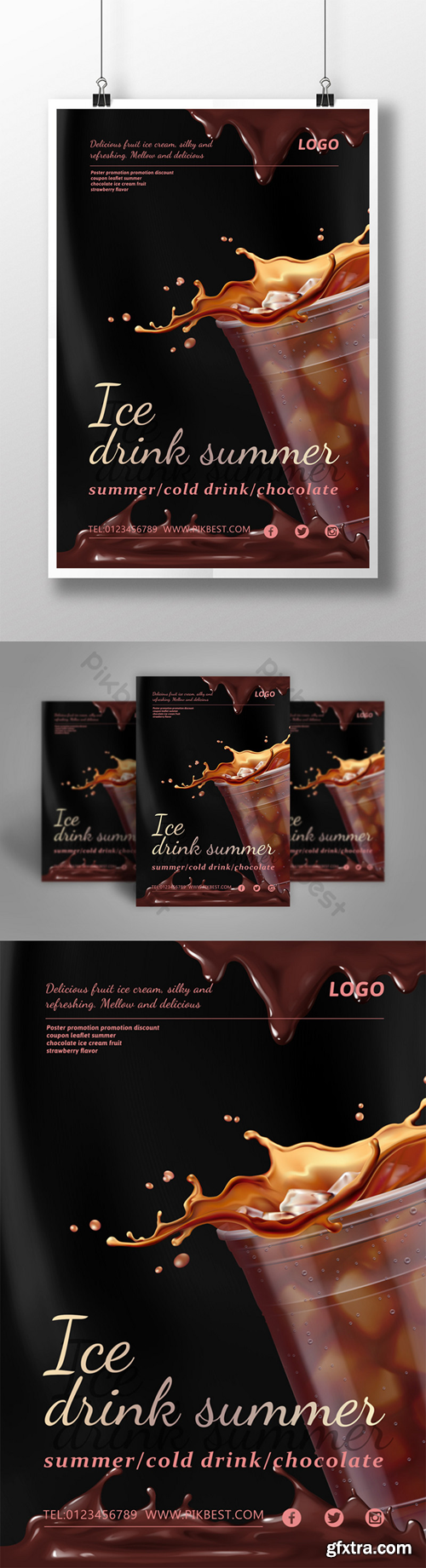 Summer cold drink coffee ice cubes glass chocolate fluid liquid merchandise promotion post Template PSD