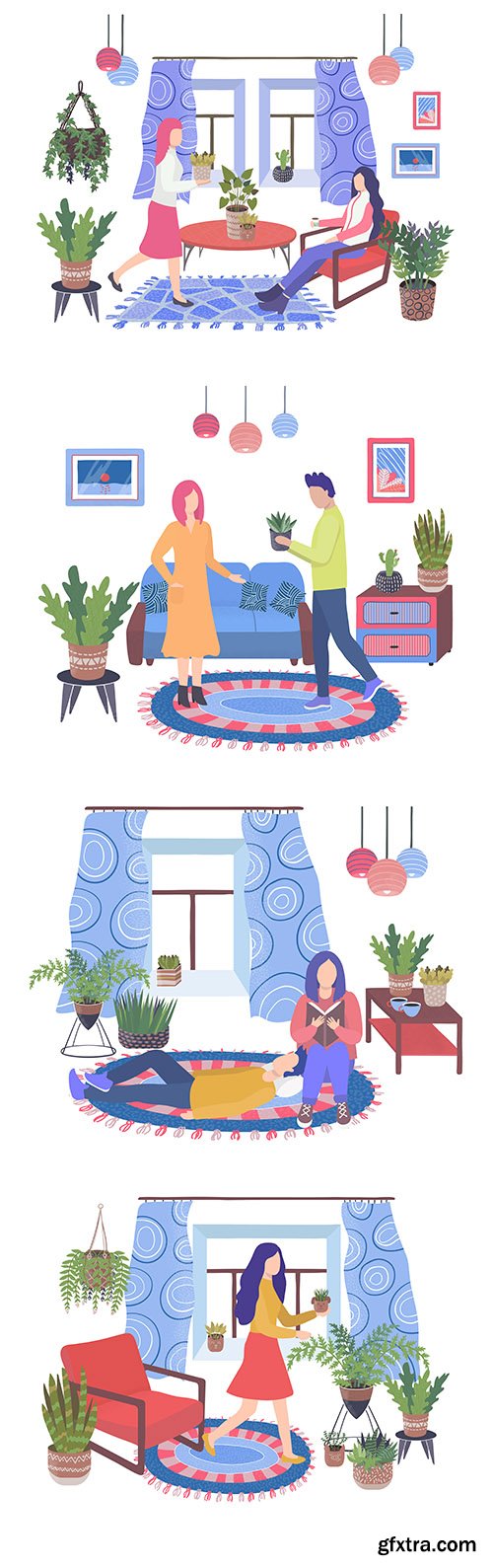 House Plants Living Room Flat Illustration
