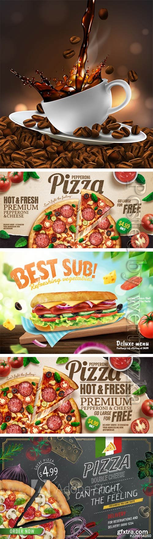 Delicious submarine, pizza, coffee ads