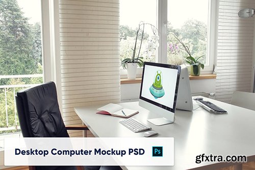 Desktop Computer on Table in Home Office - Mockup