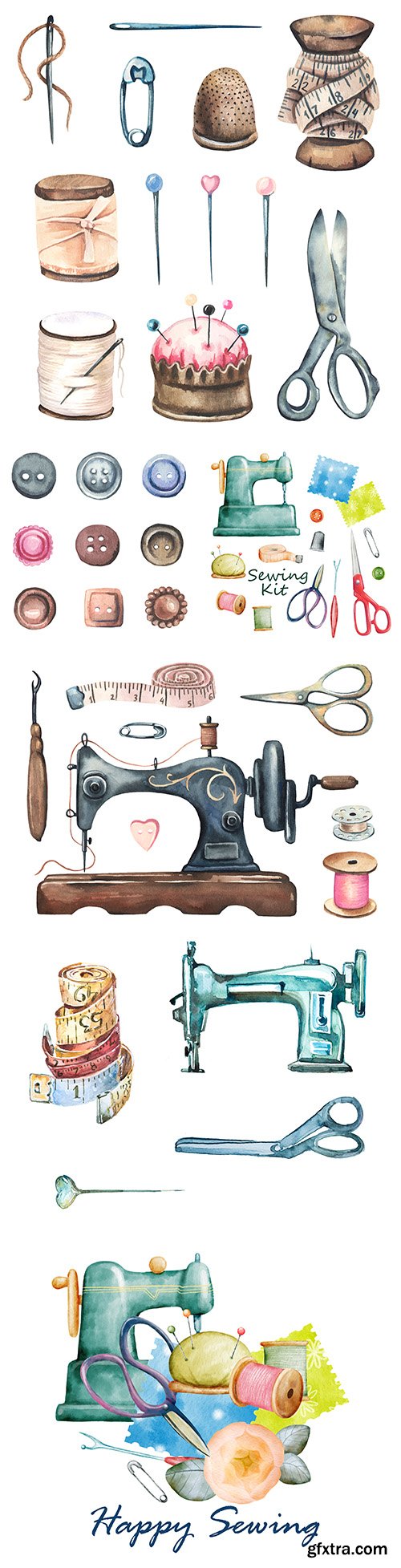 Sewing machines, buttons, pins ancient sewing set watercolor