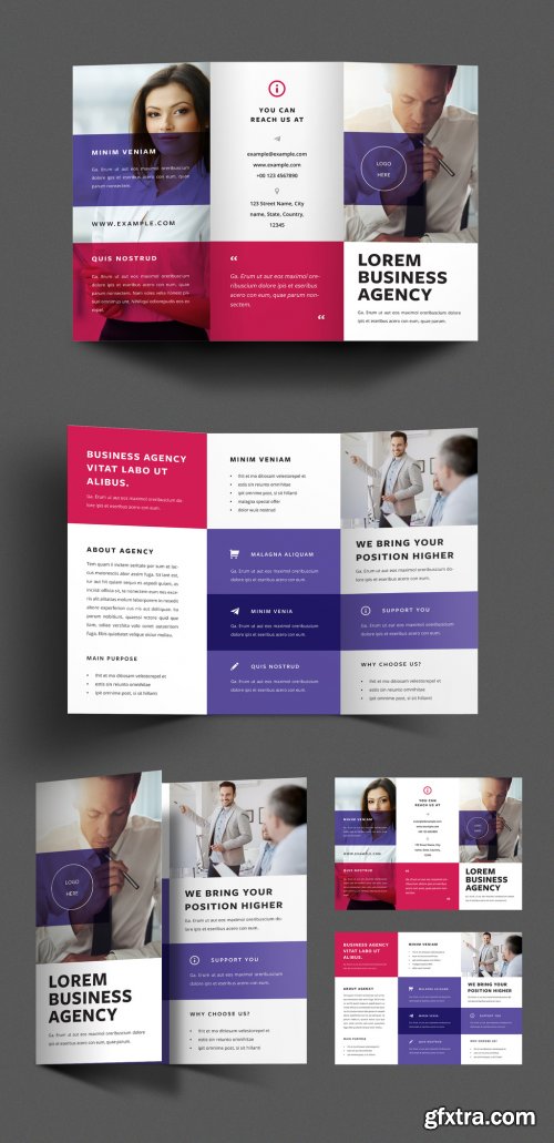 Business Trifold Brochure Layout with Red and Purple Overlays 332492666