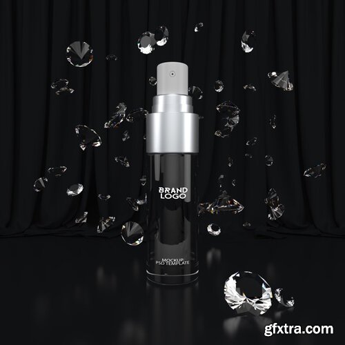 Cosmetic bottle mockup on abstract black background crystal splash 3d render Premium Psd