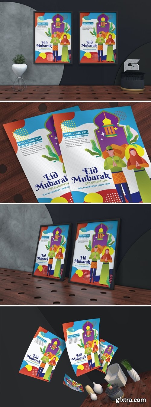 Eid Mubarak Flyer Flat Vector Illustration