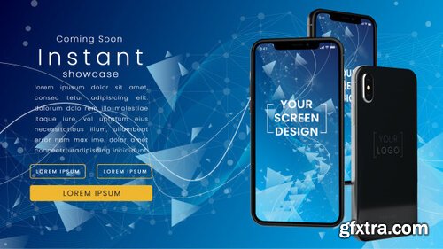 Modern, pixel perfect mockup of three realistic iphone x on a blue technological network with text template psd mock up Premium Psd