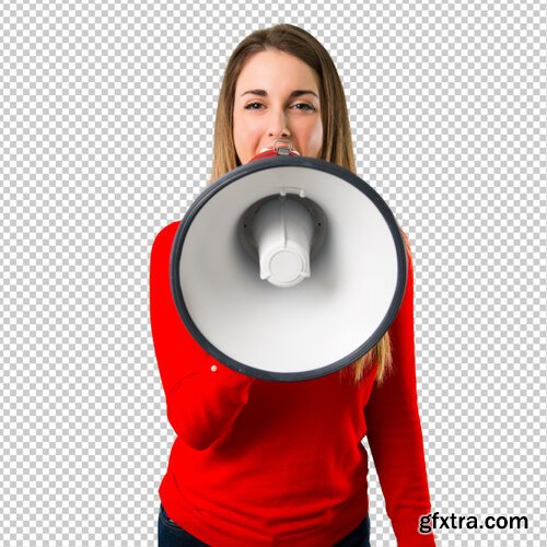 Young blonde woman holding a megaphone Premium Psd