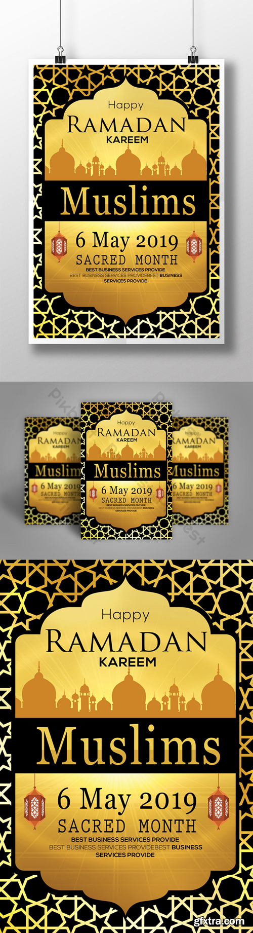 Ramadan Psd Flyer Template Black with Mosques and Starry Frame in Golden Theme Template PSD