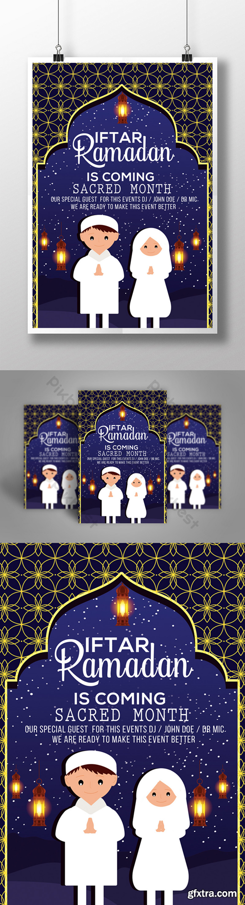Ramadan Flyer Template With Muslim Kids and Mosque in Starry Night Style Template PSD