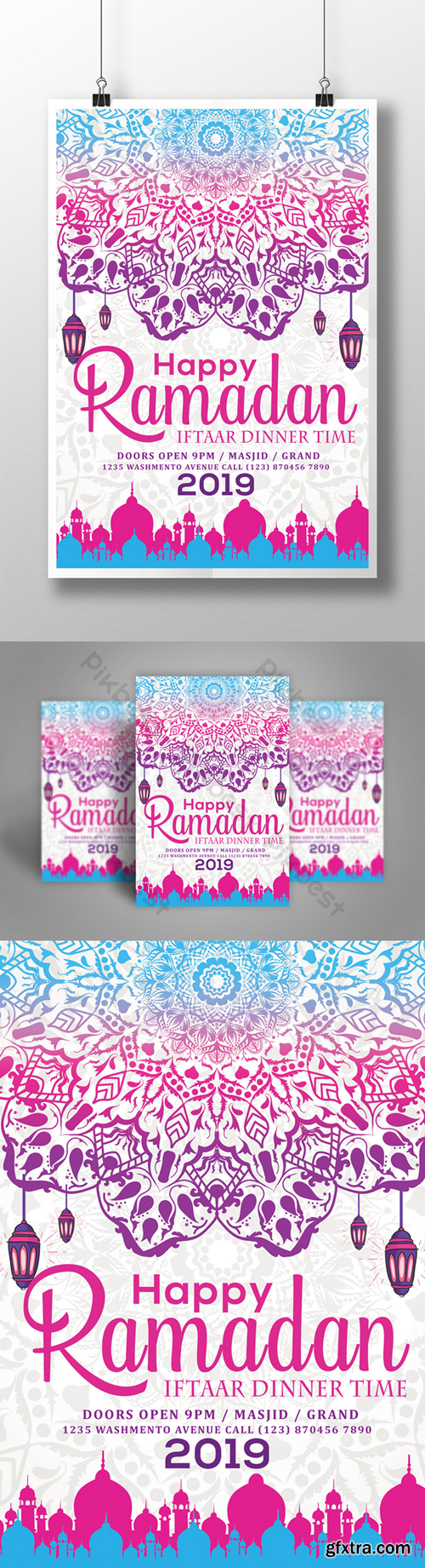 Happy Ramadan Kareem with Decorations and Mosques in Silhouette Flyer Templates Template PSD