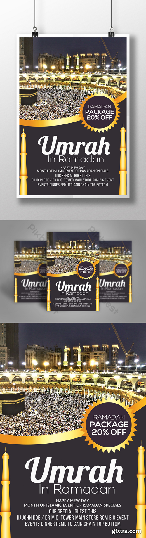 Ramadan Umrah Package Flyer Template With Gradient Golden Emblem and Stripe Template PSD