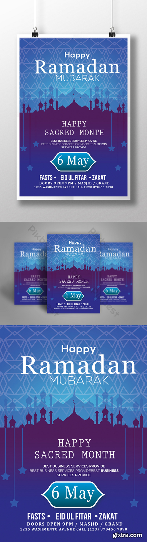 Ramadan Event Flyer Templates with Purple Mosques in Silhouette in Azure Background Template PSD