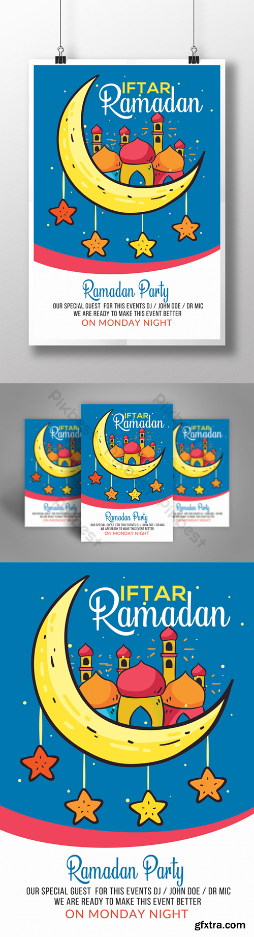 Iftar Party Ramadan Flyer Template with Mosques Moon and Stars in Cartoon Style Template PSD
