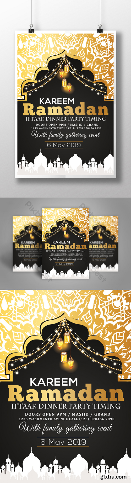 Ramadan Fast Flyer Template Black Mosque Silhouette in Golden Background Template PSD