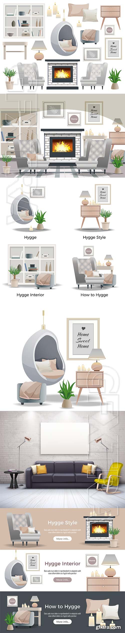 Hygge style interior isometric design element vector collection