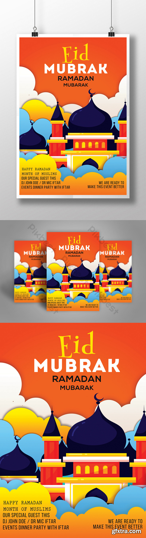 Happy Ramadan Psd Flyer Templates with Mosques in Cartoon Style Template PSD