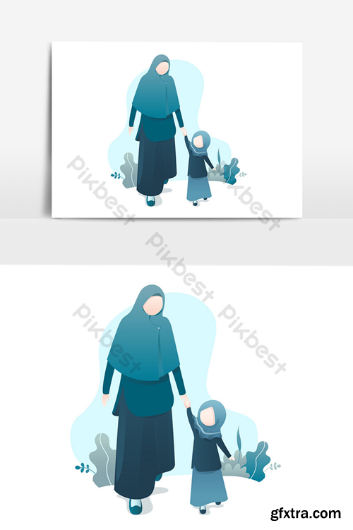 Ramadan Illustration With Muslim Mohter And Daughter Walking Together Graphic Elements Template PSD