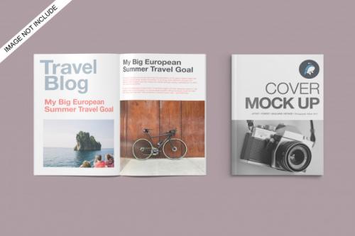 A4 Cover And Opened Magazine Mockup Top Angle View Premium Psd Premium PSD