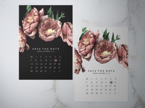 Wedding Save The Date, One Faced Flower Red Peony Theme Card Premium PSD