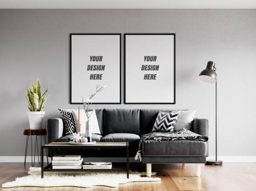 Living Room Poster Frame & Wall Mockup Premium PSD