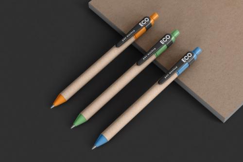 Three Eco Pens On Craft Notebook Mockup Premium PSD