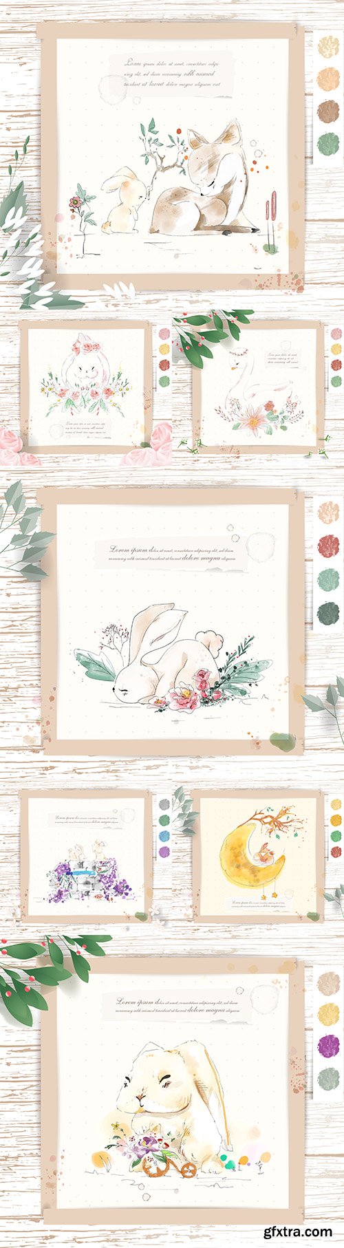 Watercolor cute animals with tropical flowers and leaves