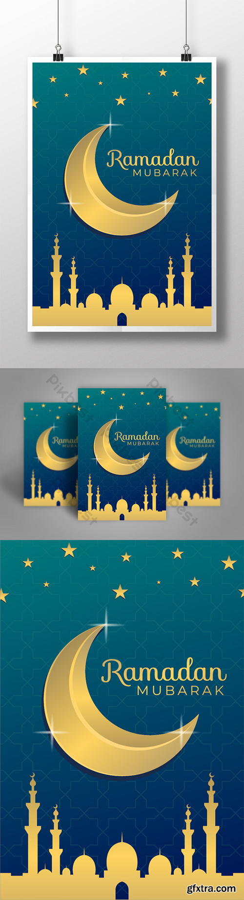 Ramadan Poster Template With Gold Crescent Moon and Mosque Template PSD