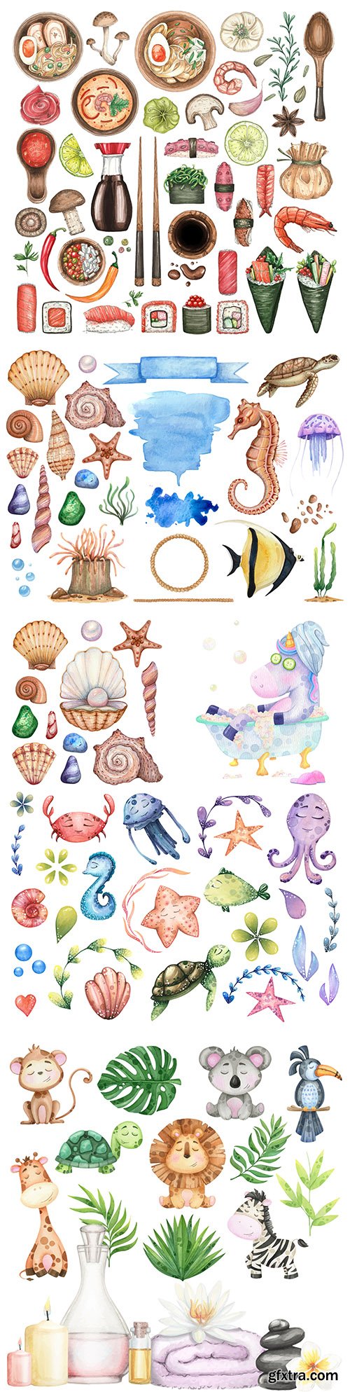 Tropical and marine animals with leaves watercolor set