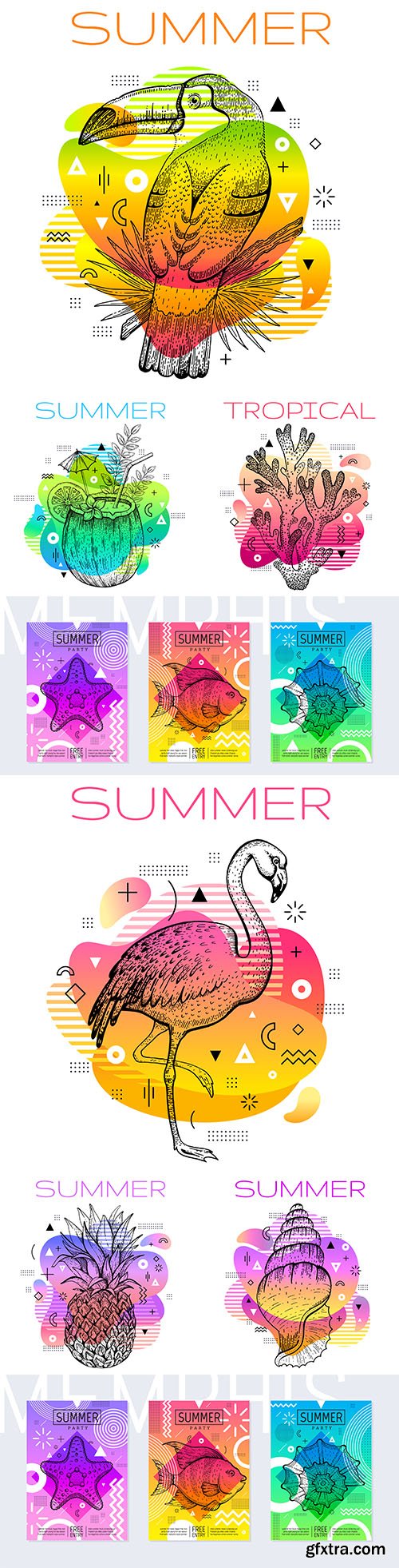 Summer in geometric style memphis with sketch drawing