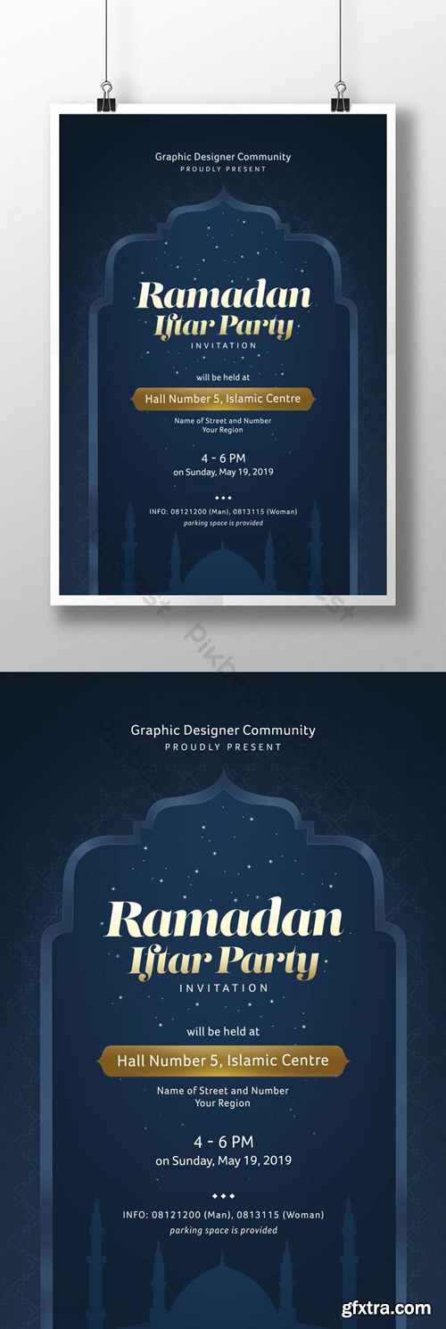 Ramadan Iftar Party Event Poster Template in Gold and Dark Blue Color Theme Template PSD