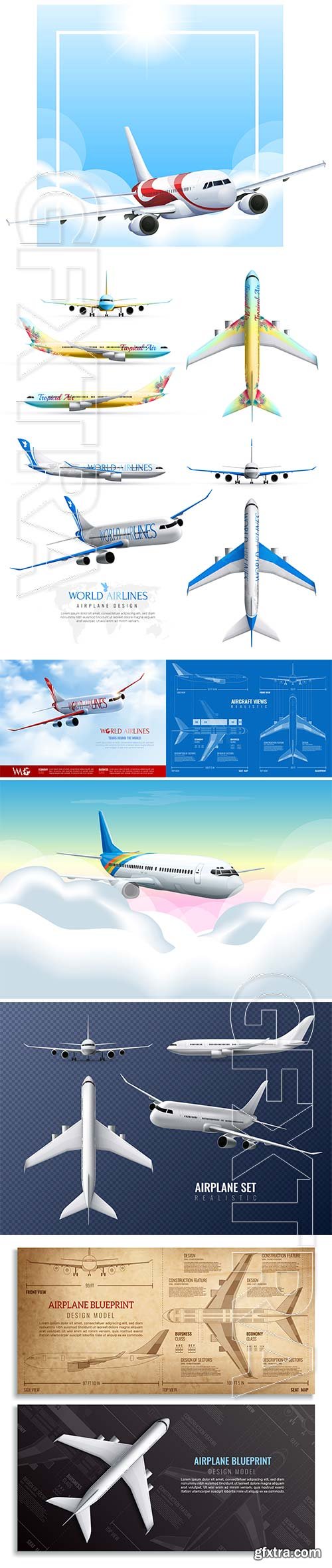 Airplane realistic identity vector set of world airlines in various views isolated