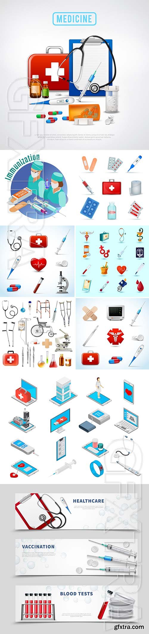 Medicine isometric concept with medical equipment symbols vector illustration