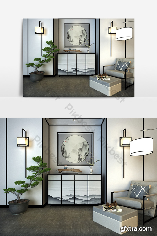 New Chinese end view cabinet wall lamp leisure sofa bonsai tree combination 3D mode Decors & 3D Models Template MAX