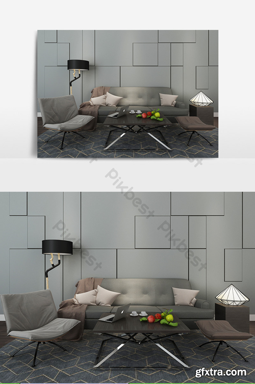 Modern minimalist grey fabric sofa combination Decors & 3D Models Template MAX