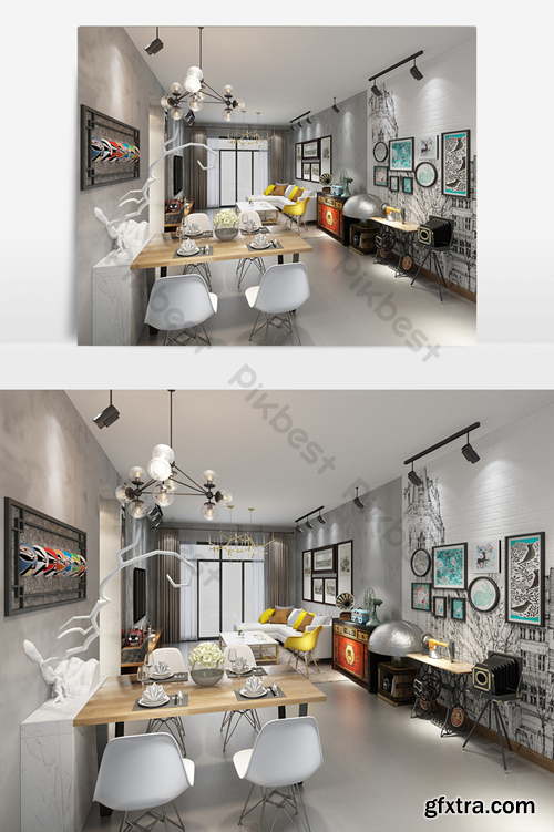 Mix and match style restaurant and living room space max Decors & 3D Models Template MAX