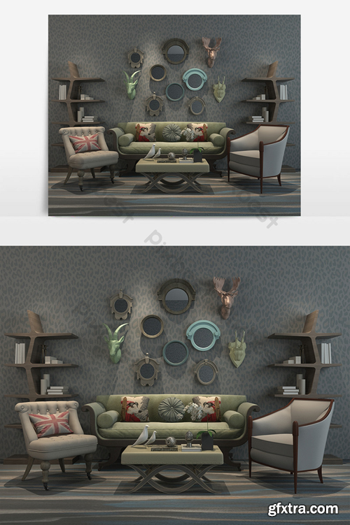 American minimalist sofa coffee table combination Decors & 3D Models Template MAX