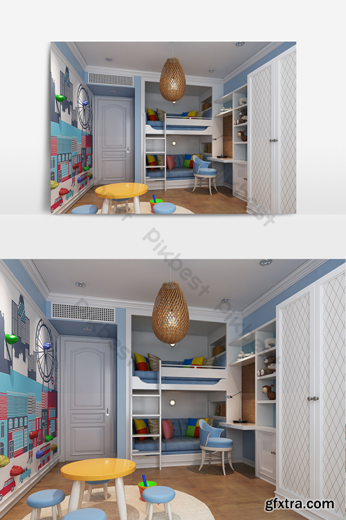 Blue and yellow color matching children\'s room Decors & 3D Models Template MAX