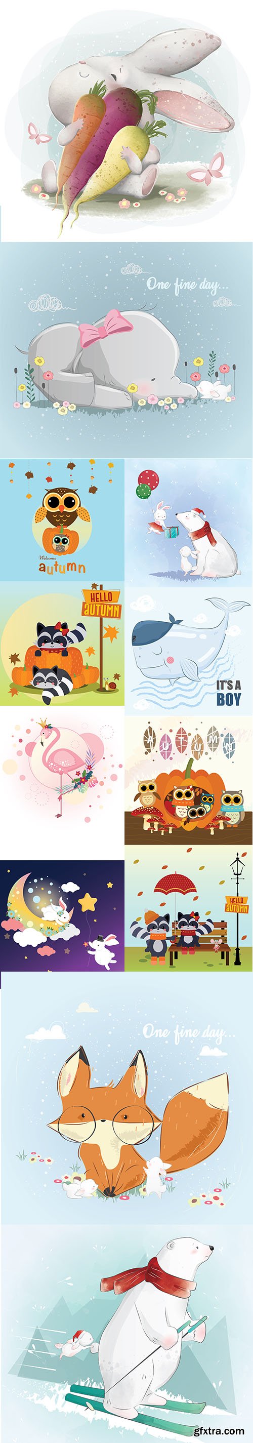 Happy Cute Little Animals Vector Illustration Set Vol 12