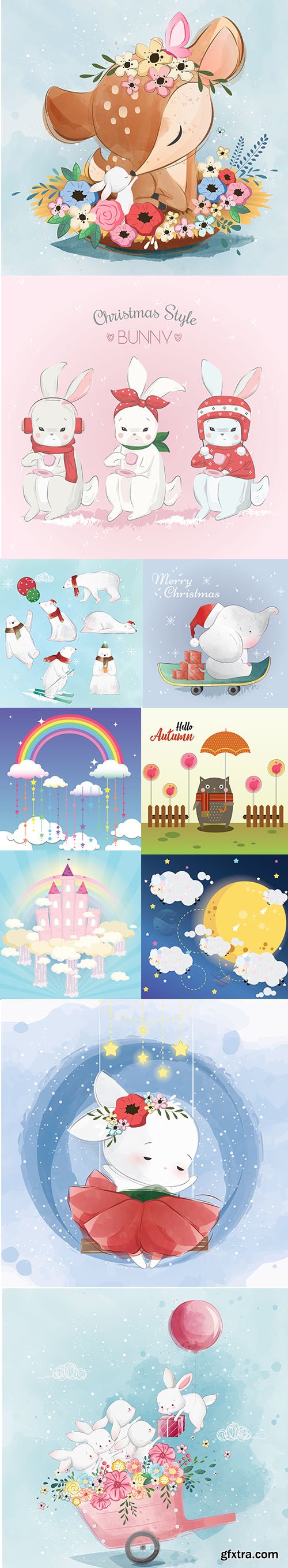 Happy Cute Little Animals Vector Illustration Set Vol 8